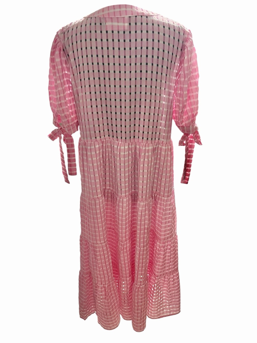 Fantastic Fawn Pink Gingham Tiered Midi Dress with Tie Sleeves Size Large - Picture 3 of 6